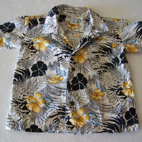 Old Navy Hawaiian shirt cream, black, blue & yellow - Picture 1 of 5